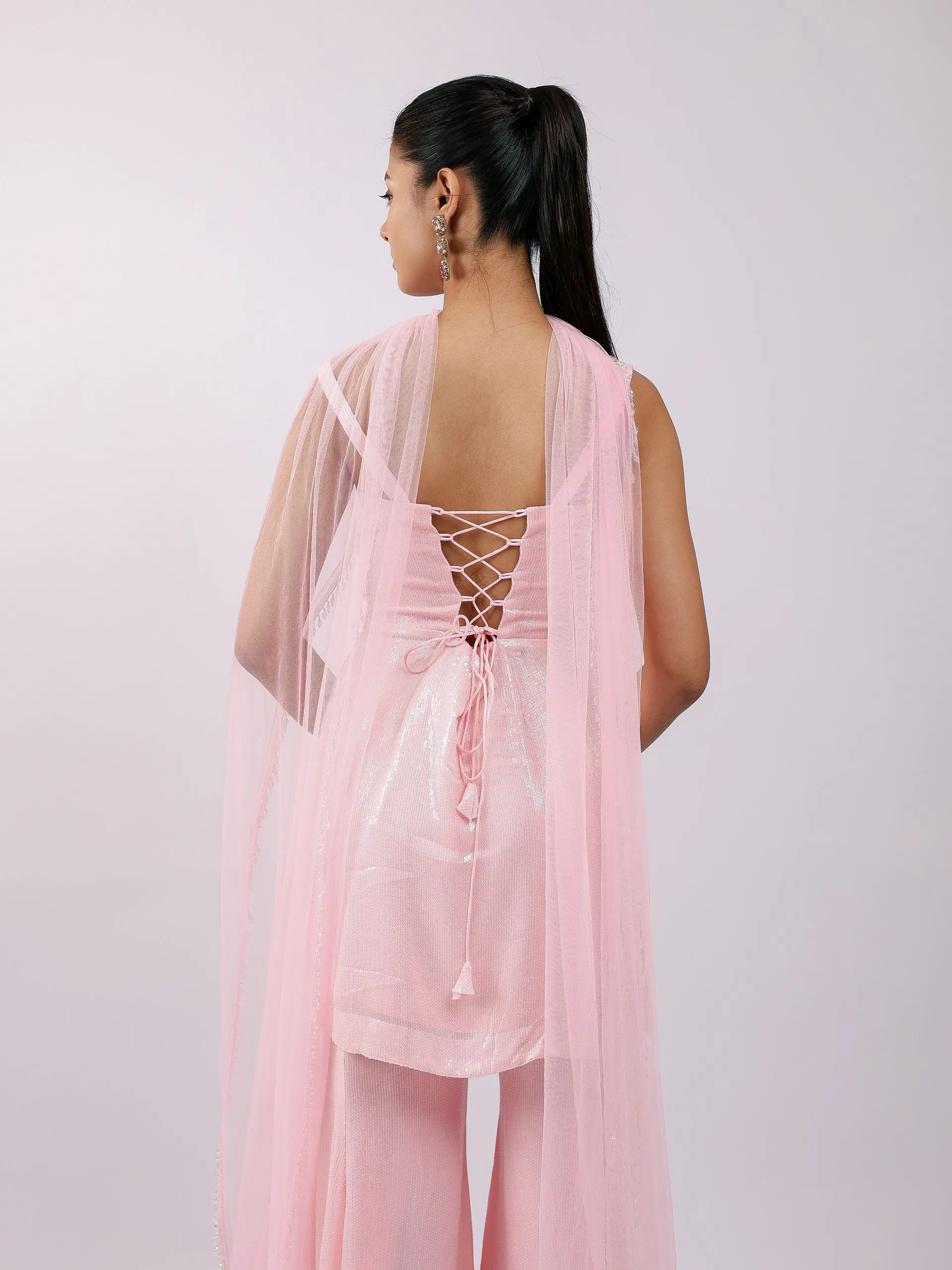Back view of the blush kurta with corset lacing